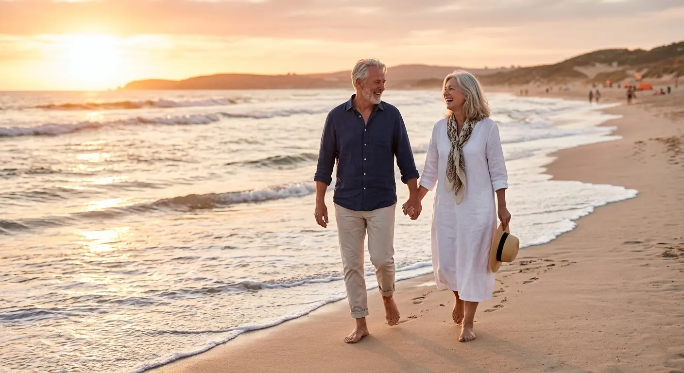 Happy retired couple on beach